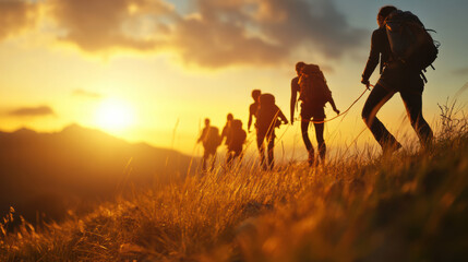 Hikers participating in team building activity during sunset, showcasing camaraderie and adventure in beautiful natural setting