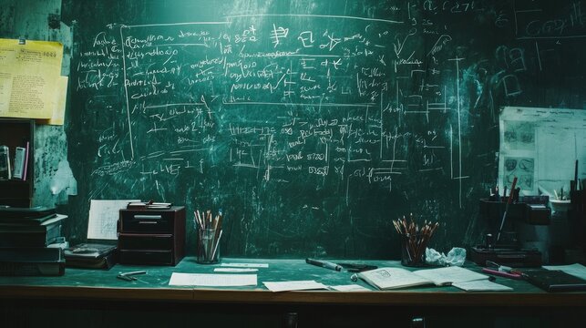 A green chalkboard filled with handwritten math equations, evoking a sense of learning and discovery.