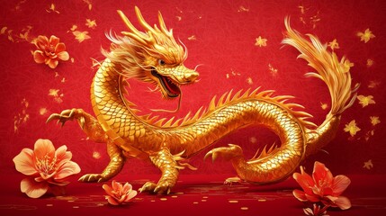 Obraz premium Golden Chinese Dragon Illustration on Red Background with Traditional Patterns