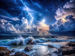 Fototapeta premium Dramatic Storm Over the Sea at Night Captured in Stunning Detail