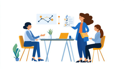 Fototapeta premium woman giving feedback to her team members in meeting, showcasing collaboration and communication. atmosphere is professional and engaging, highlighting teamwork and productivity
