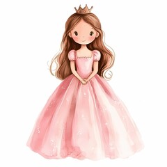 Digital illustration of a princess doll wearing a cute pink dress with an elegant crown.