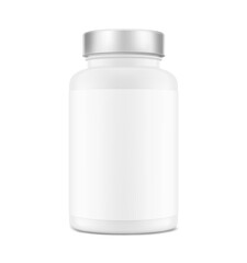 Plastic packer pill bottle mockup with label for treats, vitamins, supplements isolated on white background. Vector illustration. ready for your design. EPS10.	