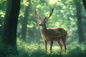 Fototapeta premium A serene deer stands in a sunlit forest, surrounded by lush greenery and soft light.