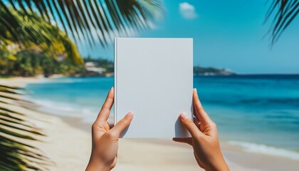 Person Holding White Blank Sheet of Paper with Blue Ocean Background