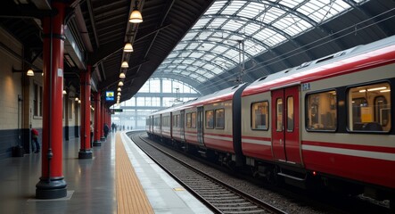 Obraz premium Modern train station with red train approaching under architectural skylights