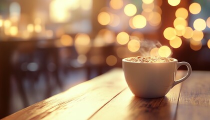 Obraz premium Warm Coffee Cup on Wooden Table with Bokeh Effect in Background