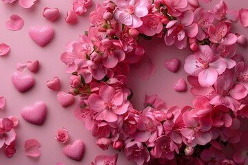 Obraz premium Elegant Floral Wreath with Pink Blossoms and Glitter Hearts for Romantic Decor