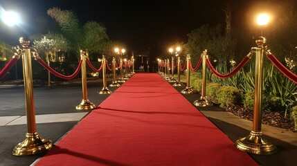 A long red carpet rolled out at an event, flanked by golden stanchions and velvet ropes.
