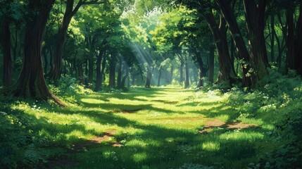 A lush green forest canopy, with sunlight filtering through the leaves, casting dappled shadows on the ground.
