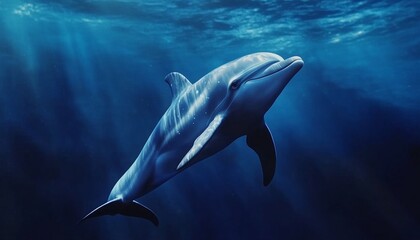 Naklejka premium Dolphin with Galaxy-Themed Fins Swimming in the Ocean with Blue Lighting