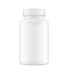 Plastic packer pill bottle mockup with label for treats, vitamins, supplements isolated on white background. Vector illustration. ready for your design. EPS10.	