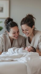 In a warm maternity ward, two nurses joyfully interact with a swaddled newborn, highlighting their dedication and the special bond formed in early moments of life