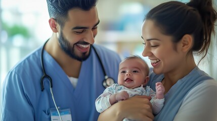 A nurse joyfully engages with a newborn and their mother in a maternity ward, celebrating the baby’s first moments after birth, radiating warmth and care