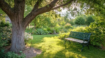 A peaceful green garden bench under the shade of a large tree, inviting a moment of rest.