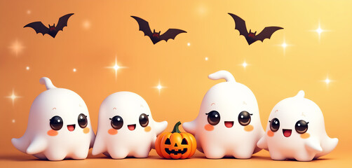 Cute Ghosts Pumpkin Halloween Orange Sparkles