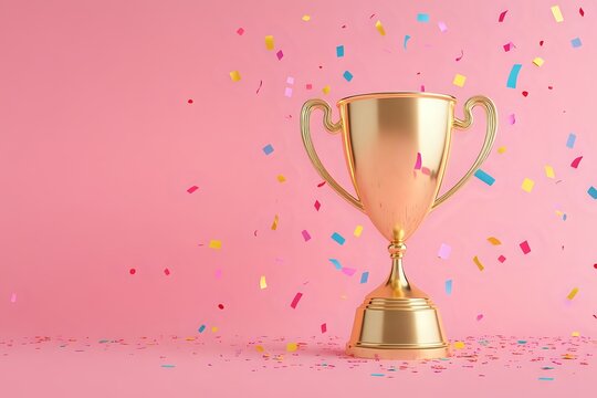 Golden trophy with confetti on a pink background.