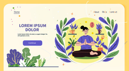 Meditation wellness woman practicing yoga surrounded by plants vibrant colors nature elements website design