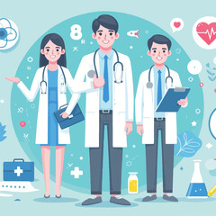 Set of smiling doctors, nurses and paramedics. Portraits of male and female medic workers in uniform with stethoscopes, masks and gloves. Flat cartoon vector illustration isolated on white background