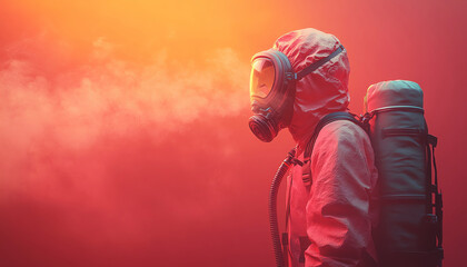 Fototapeta premium Protective suit and mask stands amidst vibrant red atmospheric effects, conveying themes of exploration and environmental change.