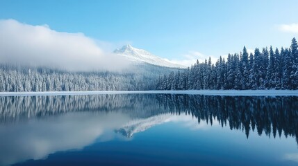 Obraz premium A serene lake reflecting a snowy white mountain in the distance under a calm winter sky.
