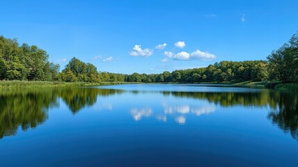A serene lake reflecting the deep blue of the sky on a calm, sunny day.