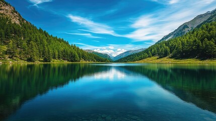 Fototapeta premium A serene lake reflecting the deep blue of the sky on a calm, sunny day.