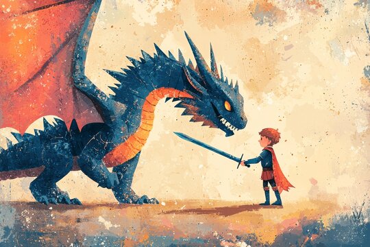 A young warrior faces a fierce dragon in a fantastical landscape under a cloudy sky at sunset