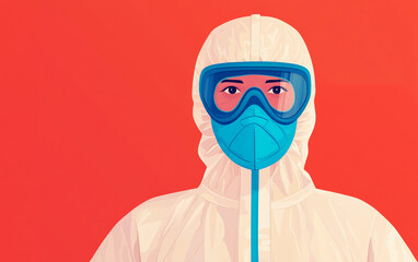 Person wearing a protective suit and mask, showcasing safety and health precautions against hazardous environments against a bright red background.