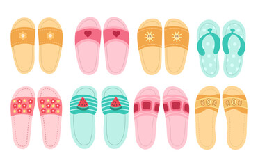 Summer rubber slippers or flip flops for the beach. Summer bright flat illustration of different shoes for summer