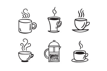 Hand drawn hot drinks set. Doodle coffee cups white background. Coffee, tea, cappuccino, espresso, latte, americano, hot chocolate