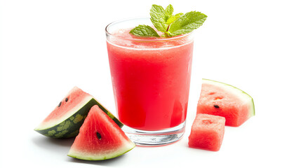 Refreshing watermelon juice with mint leaves, served in a transparent glass. Juicy watermelon slices beside for a vibrant touch.