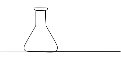 Lab experiment tools in continuous single one line art drawing. Minimalist glassware for laboratory research. Hand drawn vector illustration education and science concept, Chemical lab flask