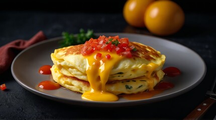 Fototapeta premium Generative, AI, a stack of savory pancakes layered with melted cheese, topped with fresh basil leaves, and a golden sauce dripping down the sides. A bowl of scrambled eggs and an egg are in the backgr