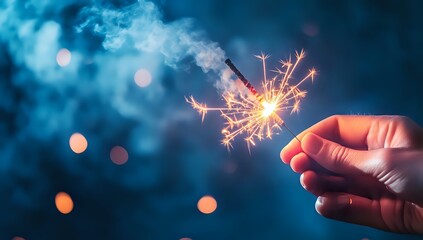 A close-up of a hand holding a lit sparkler against a blurred background of blue and orange bokeh.