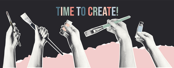 A collage with torn paper of hands holding various art tools like brushes and paints in halftone style. Retro artistic concept promoting creativity and craftsmanship