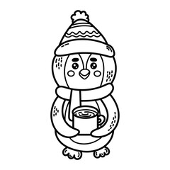 Cute coloring penguin winter animal cute with cup of tea or coffee on white background. Linear style drawing black