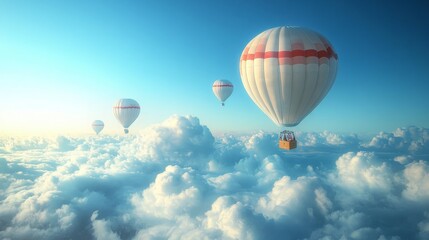 Naklejka premium Three hot air balloons soar high above a sea of fluffy white clouds, illuminated by the warm glow of the sun.
