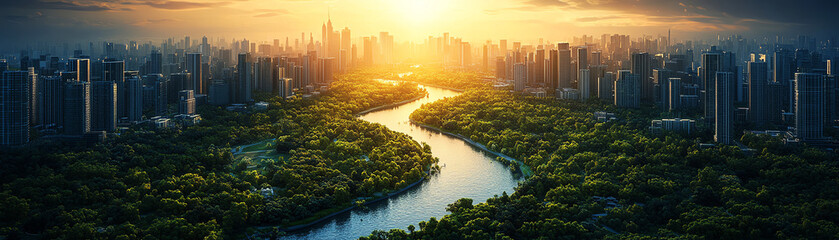 Stunning cityscape at sunrise, showcasing a meandering river surrounded by lush greenery and towering skyscrapers under a dramatic sky.