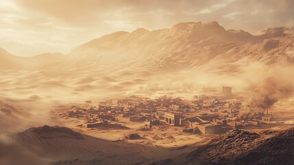 A dusty desert town nestled among mountains at sunset, showcasing rustic structures and an arid landscape filled with atmospheric haze