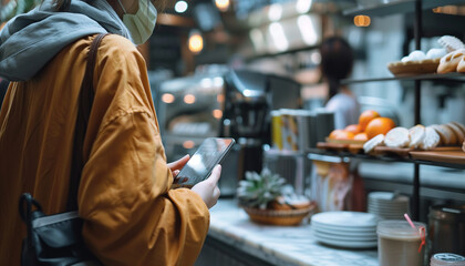 Customer Ordering Takeaway Coffee in Modern Urban Caf? While Using Smartphone