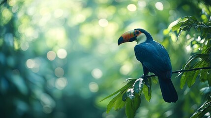 A Blue Toucan Perched on a Branch in a Lush Green Forest
