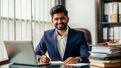 Cropped portrait of an middle aged India man boss working on computer while sitting in his luxury private office table , lot of file, check report project paper