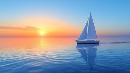 Obraz premium A white sailboat cruising on calm blue waters under a clear sky at sunset.