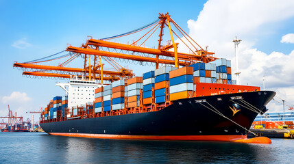 Fototapeta premium Colossal Cargo Ship at Industrial Port with Cranes