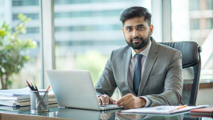 Cropped portrait of an middle aged India man boss working on computer while sitting in his luxury private office table , lot of file, check report project paper