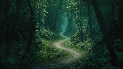 Obraz premium A winding path through a dense green forest, leading the viewer into a mysterious, untouched world.