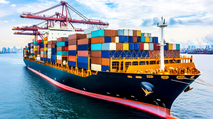 Fototapeta premium Cargo Ship Being Loaded at Busy Shipping Port