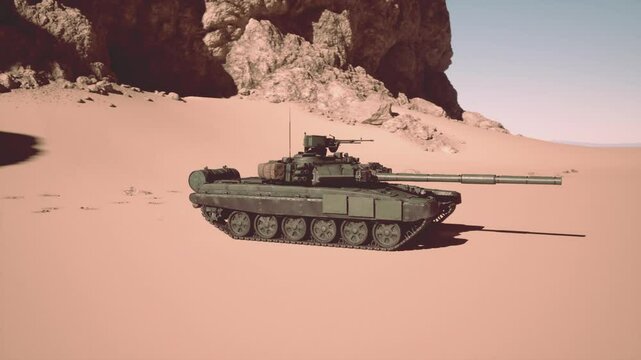 A military tank stands in the desert with mountains in the background under a clear sky.