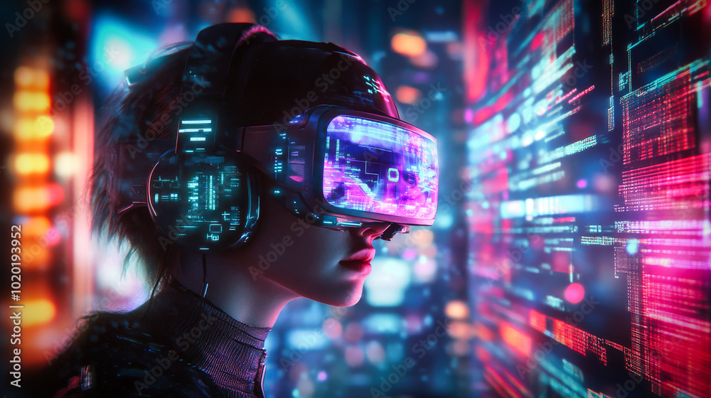 Poster a cyberpunk hacker in a virtual reality setting